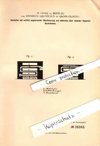Original Patent - Heinrich Grunewald in Glogau , 1883 , Backofen mir Feuerung , Bäckerei , H. Linke in Breslau , Glogow
