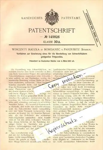 Original Patent - Wincenty Matzka in Bohdanec b. Pardubitz / Pardubice , 1903 , Präparat für Schwefelbad !!!