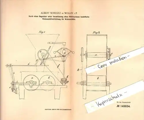 Original Patent - Albert Schultz in Wollin i. Pommern , 1903 , Regulator für Walzenstuhl , Wolin !!!