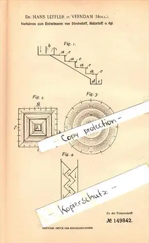 Original Patent - Dr. Hans Leffler in Veendam , 1903 , Entwässern von Strohstoff , Groningen !!!