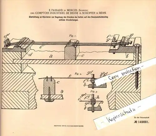 Original Patent -E. Passard in Morges und A. Schopfer in Bern , 1903 , Apparat für Klavier , Piano !!!