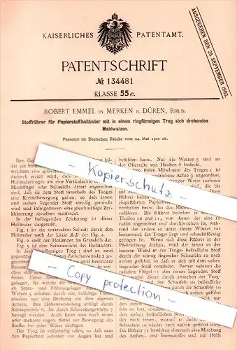 Original Patent - Robert Emmel in Merken b. Düren , Rhld. , 1901 , Stoffrührer für Papierstoffholländer !!!