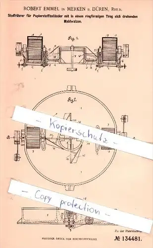 Original Patent - Robert Emmel in Merken b. Düren , Rhld. , 1901 , Stoffrührer für Papierstoffholländer !!!