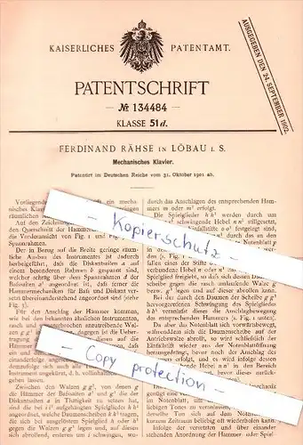 Original Patent - Ferdinand Rähse in Löbau i. S. , 1901 , Mechanisches Klavier !!!
