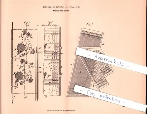 Original Patent - Ferdinand Rähse in Löbau i. S. , 1901 , Mechanisches Klavier !!!