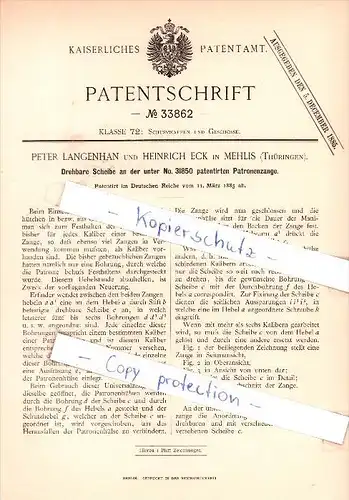 Original Patent - P. Langenhan und H. Eck in Zella Mehlis , Thüringen , 1885 , Patronenzange für Waffen !!!