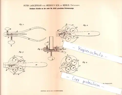 Original Patent - P. Langenhan und H. Eck in Zella Mehlis , Thüringen , 1885 , Patronenzange für Waffen !!!