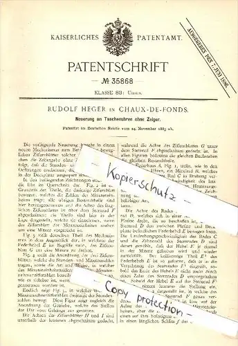Original Patent - Rudolf Heger à Chaux-de-Fonds , 1885 , Montre de poche sans les mains !!!