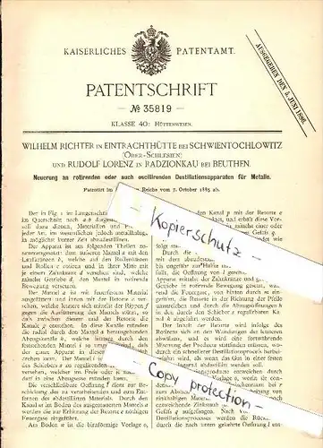 Original Patent - Richter in Schwientochlowitz / Swietochlowice und Lorenz in Radzionkau / Radzionkow , 1885 , Schlesien