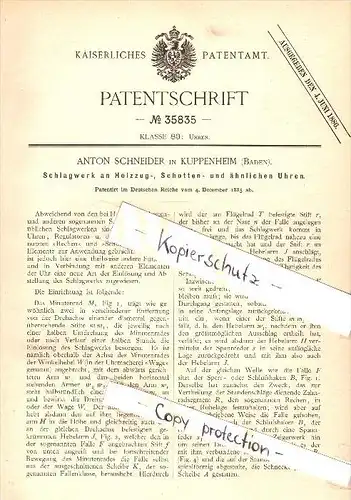 Original Patent - Anton Schneider in Kuppenheim , Baden , 1885 , Schlagwerk an Uhren !!!
