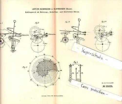 Original Patent - Anton Schneider in Kuppenheim , Baden , 1885 , Schlagwerk an Uhren !!!