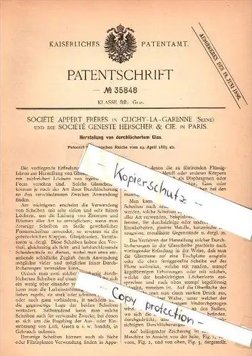 Original Patent - Société Geneste Herscher & Cie à Clichy La Garenne et Paris , 1885 , Fabrication de verre perforé !!!
