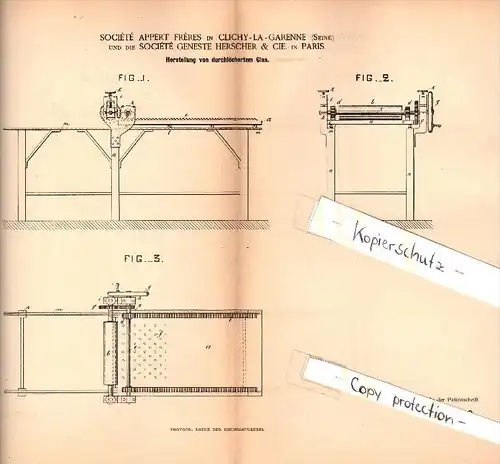 Original Patent - Société Geneste Herscher & Cie à Clichy La Garenne et Paris , 1885 , Fabrication de verre perforé !!!