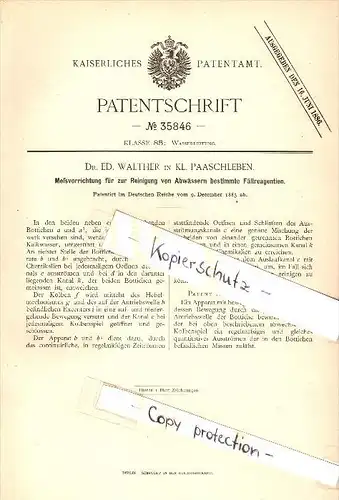 Original Patent - Dr. Ed. Walther in Kleinpaschleben , 1885 , Meßapparat für Abwasserreinigung , Osternienburger Land !