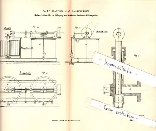 Original Patent - Dr. Ed. Walther in Kleinpaschleben , 1885 , Meßapparat für Abwasserreinigung , Osternienburger Land !