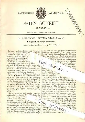 Original Patent - Dr. E. Luhmann in Niedermendig / Mendig , 1885 , Meßapparat für Kohlensäure !!!