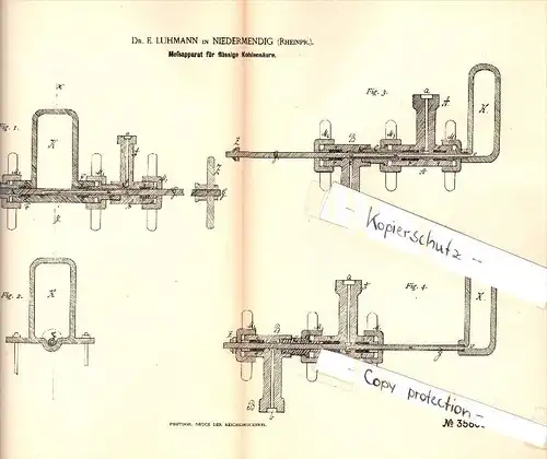 Original Patent - Dr. E. Luhmann in Niedermendig / Mendig , 1885 , Meßapparat für Kohlensäure !!!