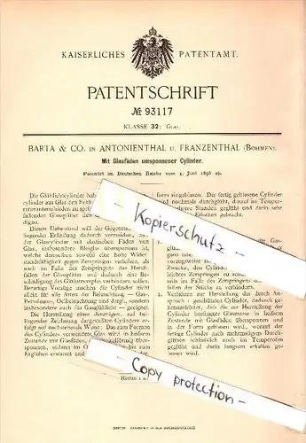 Original Patent - Barta & Co in Antonienthal und Franzenthal ,1896, Glas - Cylinder , Jihlava , Frantiskov nad Ploucnici