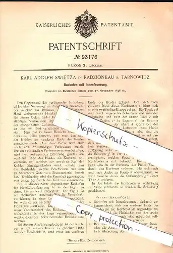 Original Patent - Karl A. Swiétza in Radzionkau / Radzionków , 1896, Backofen , Bäckerei , Tarnowitz , Cidry , Schlesien