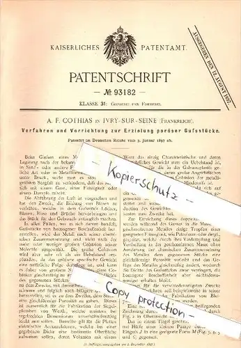 Original Patent - A.F. Cothias à Ivry-sur-Seine , 1897 , Appareil pour pièces moulées poreuses , fonderie !!!