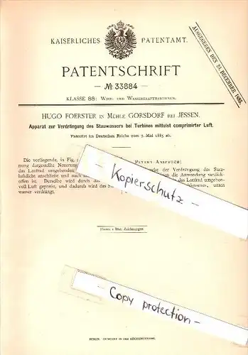 Original Patentschrift - H. Foerster in Mühle Gorsdorf b. Jessen , 1885 , Apparat für Turbinen , Halle a.S.!!!
