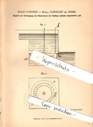 Original Patentschrift - H. Foerster in Mühle Gorsdorf b. Jessen , 1885 , Apparat für Turbinen , Halle a.S.!!!