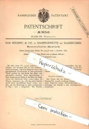 Original Patent - R. Böcking & Co in Halbergerhütte b. Saarbrücken , 1886 , Hydrant , Brebach-Fechingen !!!