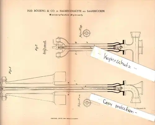 Original Patent - R. Böcking & Co in Halbergerhütte b. Saarbrücken , 1886 , Hydrant , Brebach-Fechingen !!!