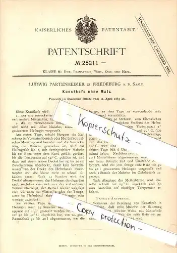 Original Patent - L. Partenheimer in Friedeburg a.d. Saale , 1883 , Kunsthefe ohne Malz , Bier , Alkohol , Brauerei !!!