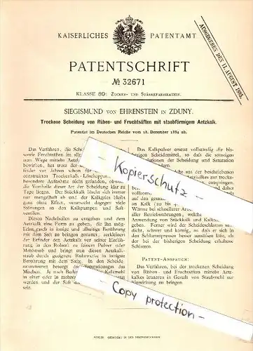 Original Patent - Siegismund von Ehrenstein in Zduny , 1884 , Scheidung von Rüben- und Fruchtsaft !!!