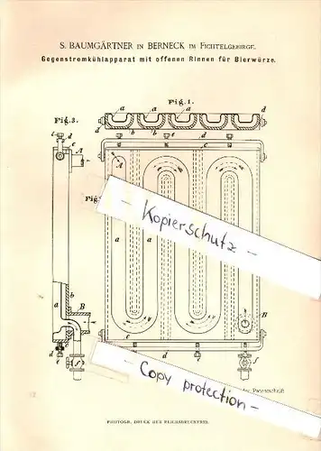 Original Patent - S. Baumgärtner in Bad Berneck i. Fichtelgebirge , 1885 , Kühlapparat für Bierwürze , Brauerei , Bier !