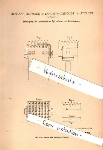 Original Patent - H. Hofmann in Langenwolmsdorf b. Stolpen , 1884 , Spitzenbahn für Kieshammer , Mühle , Windmühle !!!
