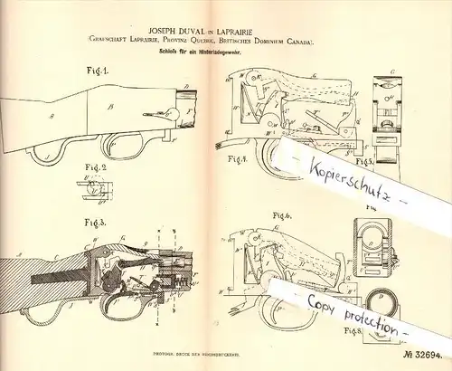 Original Patent - Joseph Duval in Laprairie , Quebec , 1884 , Lock for gun , La Prairie  !!!