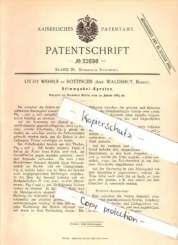Original Patent - Otto Wehrle in Rotzingen / Görwihl b. Waldshut , 1885 , Stimmgabel - Spreize , Musik , Musikalien !!!