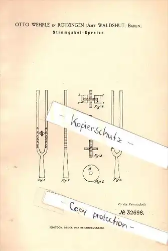 Original Patent - Otto Wehrle in Rotzingen / Görwihl b. Waldshut , 1885 , Stimmgabel - Spreize , Musik , Musikalien !!!