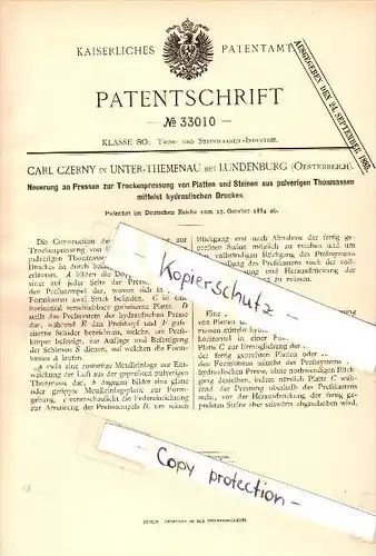 Original Patent - Carl Czerny in Unterthemenau bei Lundenburg / Breclav , 1884 , Presse zur Trockenpressung !!!