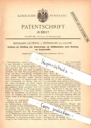 Original Patent - Bernhard Gründler in Petersdorf b. Lagow , 1884 , Verhütung von Schiffskollision , Jemiolow  !!!