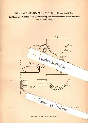 Original Patent - Bernhard Gründler in Petersdorf b. Lagow , 1884 , Verhütung von Schiffskollision , Jemiolow  !!!