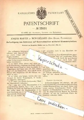 Original Patent - Joseph Martin à Montbéliard , Doubs , 1884 , La fixation des rails , chemin de fer  !!!