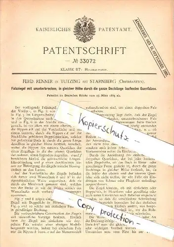 Original Patent - F. Renner in Tutzing b. Starnberg , 1885 , Falzziegel , Dach , Dachdecker , Ziegel , Bau !!!