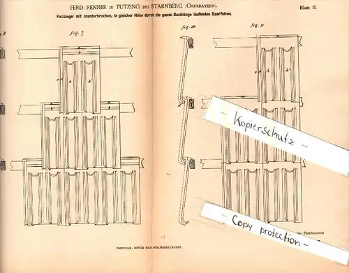 Original Patent - F. Renner in Tutzing b. Starnberg , 1885 , Falzziegel , Dach , Dachdecker , Ziegel , Bau !!!
