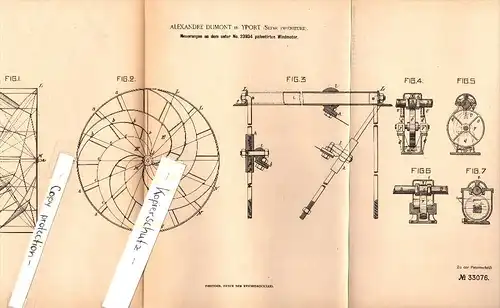 Original Patent - Alexandre Dumont à Yport , Seine , 1884 , Vent Engine , moulinet !!!