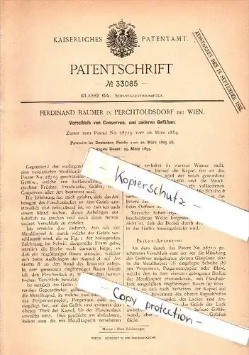 Original Patent - Ferdinand Baumer in Perchtoldsdorf b. Wien , 1885 , Verschluss von Conserven  !!!