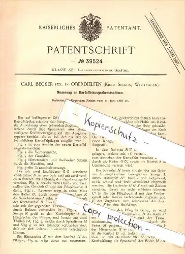 Original Patent - Carl Becker in Oberdielfen b. Wilnsdorf , 1886 , Kartoffel - Ausgrabemaschine , Agrar ,Kr. Siegen  !!!