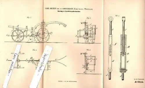 Original Patent - Carl Becker in Oberdielfen b. Wilnsdorf , 1886 , Kartoffel - Ausgrabemaschine , Agrar ,Kr. Siegen  !!!