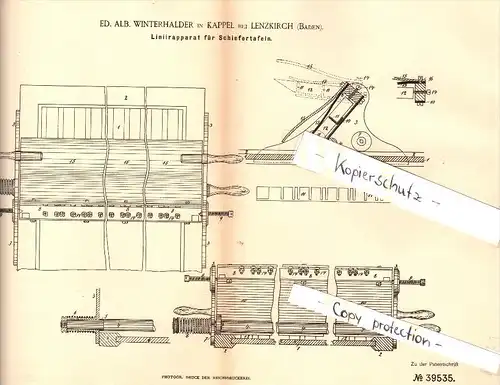 Original Patent - A. Winterhalder in Kappel b. Lenzkirch , 1886 , Linierapparat für Schiefertafel , Tafel , Schule !!!