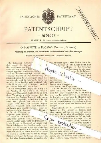 Original Patent - O. Marwitz in Lugano , Paradiso , 1886 , Lampe mit Petroleum - Dampferzeugung , Schweiz !!!