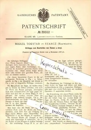 Original Patent - Mikkel Tokstad in Stange , Norwegen , 1886 , Drillegge , Agrar , Landwirtschaft  !!!