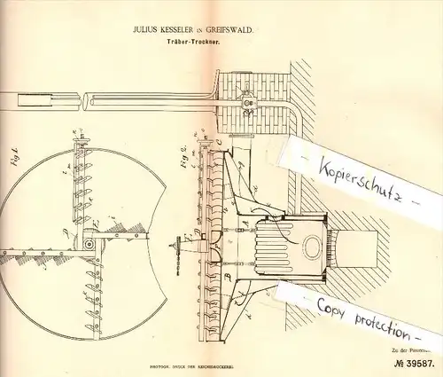 Original Patent - Julius Kesseler in Greifswald i. Mecklenburg , 1886 , Träber - Trockner  !!!