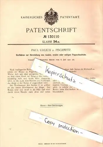 Original Patent - Paul Uhlich in Pischwitz b. Döbeln , 1901 , Herstellung von Pappschachteln !!!